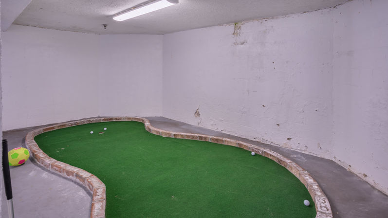 Basement indoor putting green with artificial turf and brick edging, scattered golf balls, a putter and fluorescent ceiling light