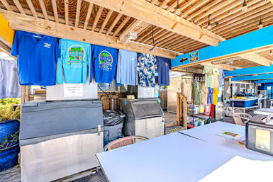 Colorful beach bar merchandise stand under a wooden pergola with hanging tropical t-shirts, ice machines, and outdoor seating on a sunny coastal boardwalk.