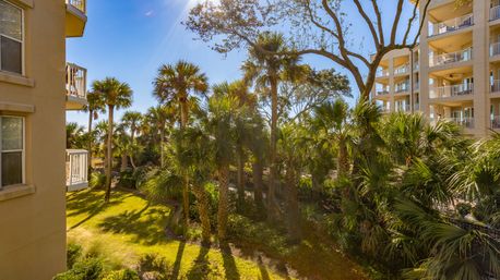 Sunny coastal courtyard with tall palm trees, green lawn, and beige beachfront condominium balconies under a bright blue sky