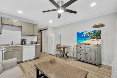 Bright modern studio apartment interior with kitchenette (gray cabinets, dishwasher, coffee maker), full white refrigerator, round bistro table with two chairs, flat‑screen TV displaying a tropical beach on a wooden dresser, ceiling fan and light wood‑look flooring.