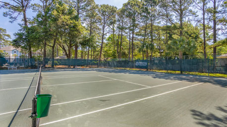 Empty outdoor tennis court with center net and green ball bin, tree-lined with tall pines and palms, green windscreens and nearby houses under a sunny blue sky