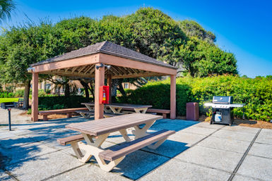 Sunny public park picnic pavilion with wooden tables and benches and a propane grill on a paved patio, surrounded by green hedges and trees under a clear blue sky