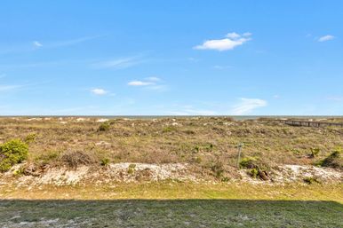Sunny coastal sand dunes with sparse grasses and coastal plants, wooden boardwalk at right, ocean horizon under a clear blue sky