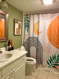 Small residential bathroom with white vanity and sink, toilet, sage green wall, framed abstract art and mirror, two wooden figurines on the counter, and a colorful abstract shower curtain featuring an orange sun and moon, black arch stripes and green leaf accents over tiled floor.