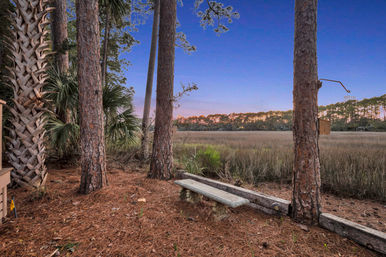 Concrete bench among pine and palm trees overlooking a coastal salt marsh at sunset with a purple-blue sky and distant treeline