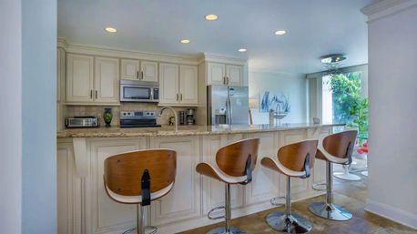 Sunny modern open-plan kitchen with cream cabinetry and granite breakfast bar, four curved wood-and-chrome bar stools, stainless steel appliances and a leafy window view.