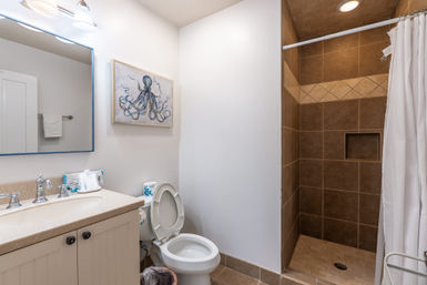 Coastal-inspired bathroom with octopus wall art, white vanity and mirror, open toilet, and brown-tiled walk-in shower with curtain.