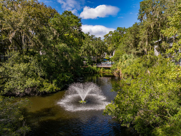 Decorative fountain spraying water in a shaded pond framed by live oaks and palms draped with Spanish moss, blue sky overhead and a small wooden deck with umbrellas in the background