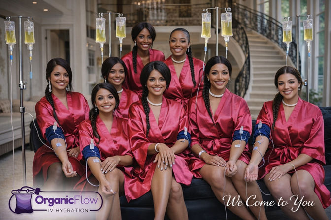Eight smiling women in matching red satin robes sit on a sofa in a luxurious home interior with a sweeping staircase, each receiving IV hydration from hanging drip bags — glam, bridal-party style with braided hair and pearl necklaces.