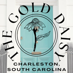 Cheerful turquoise front door framed by white trim, overlaid with a stylized black daisy emblem and text noting Charleston, South Carolina, with brass mail slot and iron railings