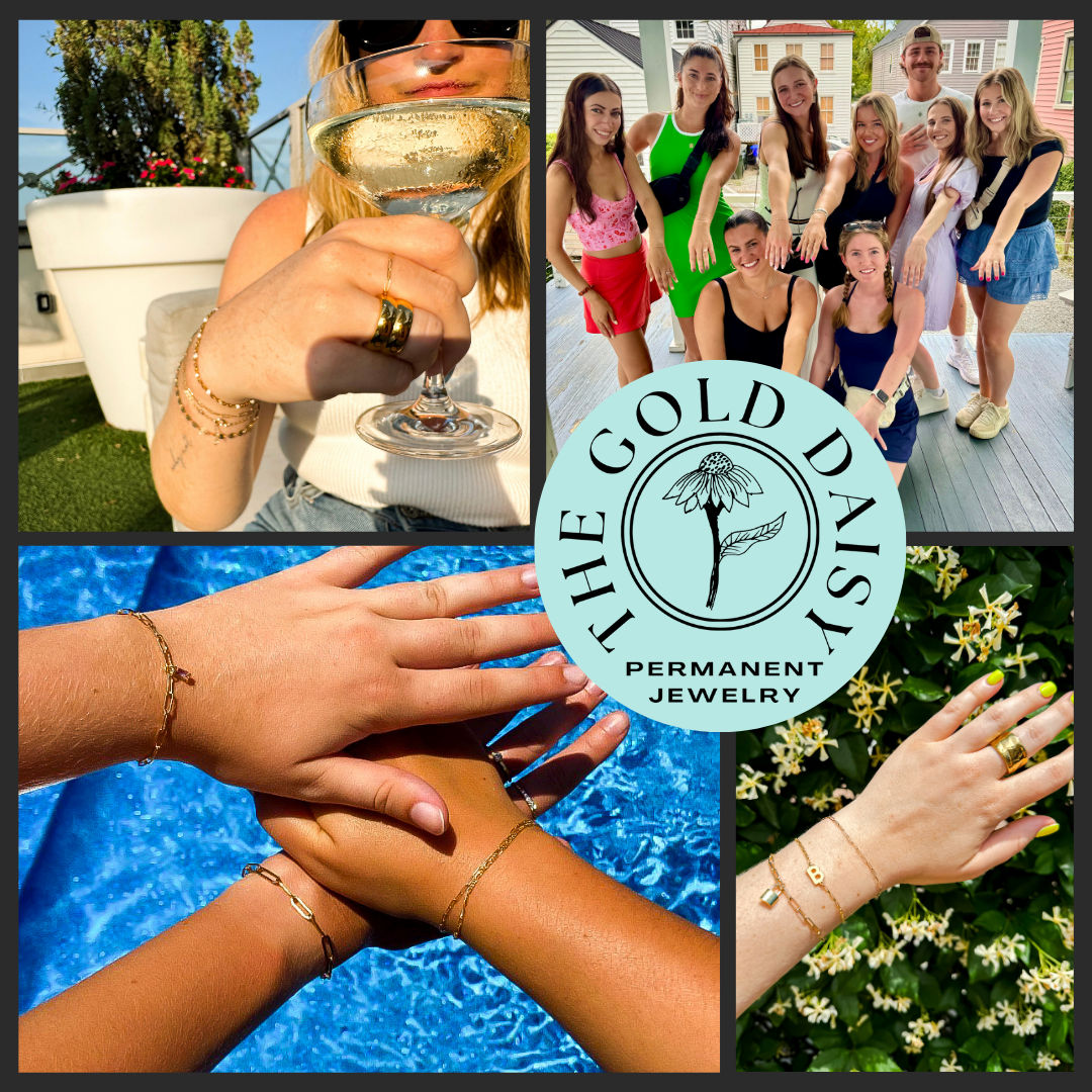 Sunny summer collage showcasing delicate gold jewelry: close-up of a person holding a champagne glass wearing gold rings and bracelets, a smiling group of friends showing matching thin gold chain bracelets on a porch, three hands stacked over a bright blue pool with linked gold bracelets, a hand with neon nails and gold rings against flowering greenery, and a turquoise circular floral logo.