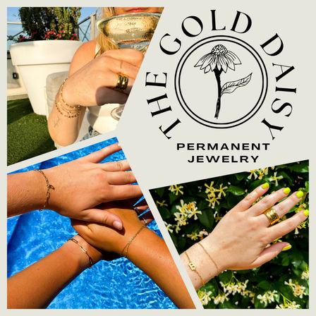 Sunny collage of close-up hands wearing delicate gold bracelets and bold gold rings — rooftop with a wine glass, poolside blue water, and a flowering shrub alongside a stylized daisy logo.