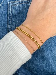Close-up of a wrist with three stacked gold chain bracelets (curb, paperclip and thin link) over blue denim jeans and a white ribbed sleeve.