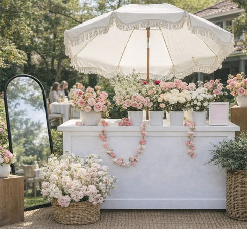 Outdoor garden flower bar with a white fringed umbrella, pastel pink and white roses and ranunculus in pots and wicker baskets, a floral garland draped across a white counter—elegant garden party setup.