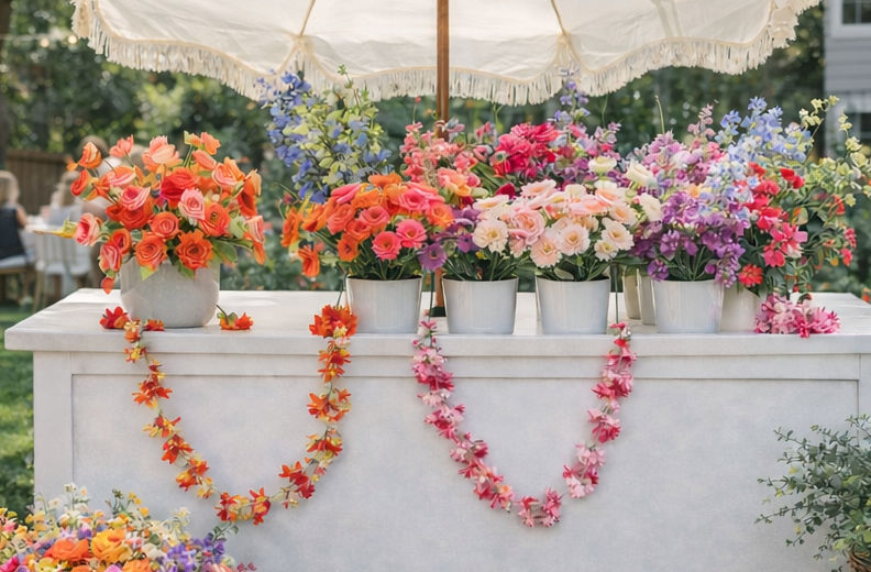 Cheerful outdoor flower stall under a fringed umbrella showcasing vibrant orange, pink, purple and pastel potted blooms with two floral garlands draped across a white table