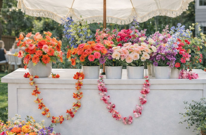 Cheerful outdoor flower stall under a fringed umbrella showcasing vibrant orange, pink, purple and pastel potted blooms with two floral garlands draped across a white table