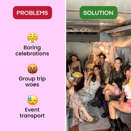 Split image: pink 'PROBLEMS' panel listing boring celebrations, group trip woes, event transport; green 'SOLUTION' panel showing a smiling group of friends enjoying a decorated party shuttle with fans, drinks, and string lights.