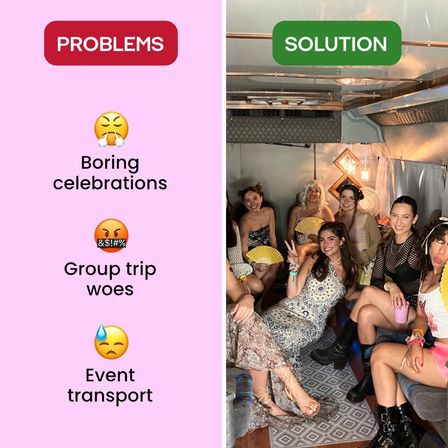 Split image: pink 'PROBLEMS' panel listing boring celebrations, group trip woes, event transport; green 'SOLUTION' panel showing a smiling group of friends enjoying a decorated party shuttle with fans, drinks, and string lights.