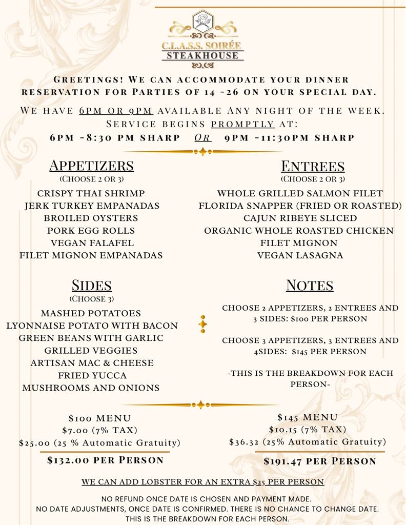 Cream-and-gold steakhouse banquet menu flyer for private parties, showing 6pm or 9pm seatings, appetizer/entrée/side choices (e.g., crispy shrimp, filet mignon, grilled salmon), package prices per person with tax, gratuity and lobster add-on.