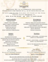 Cream-and-gold steakhouse banquet menu flyer for private parties, showing 6pm or 9pm seatings, appetizer/entrée/side choices (e.g., crispy shrimp, filet mignon, grilled salmon), package prices per person with tax, gratuity and lobster add-on.