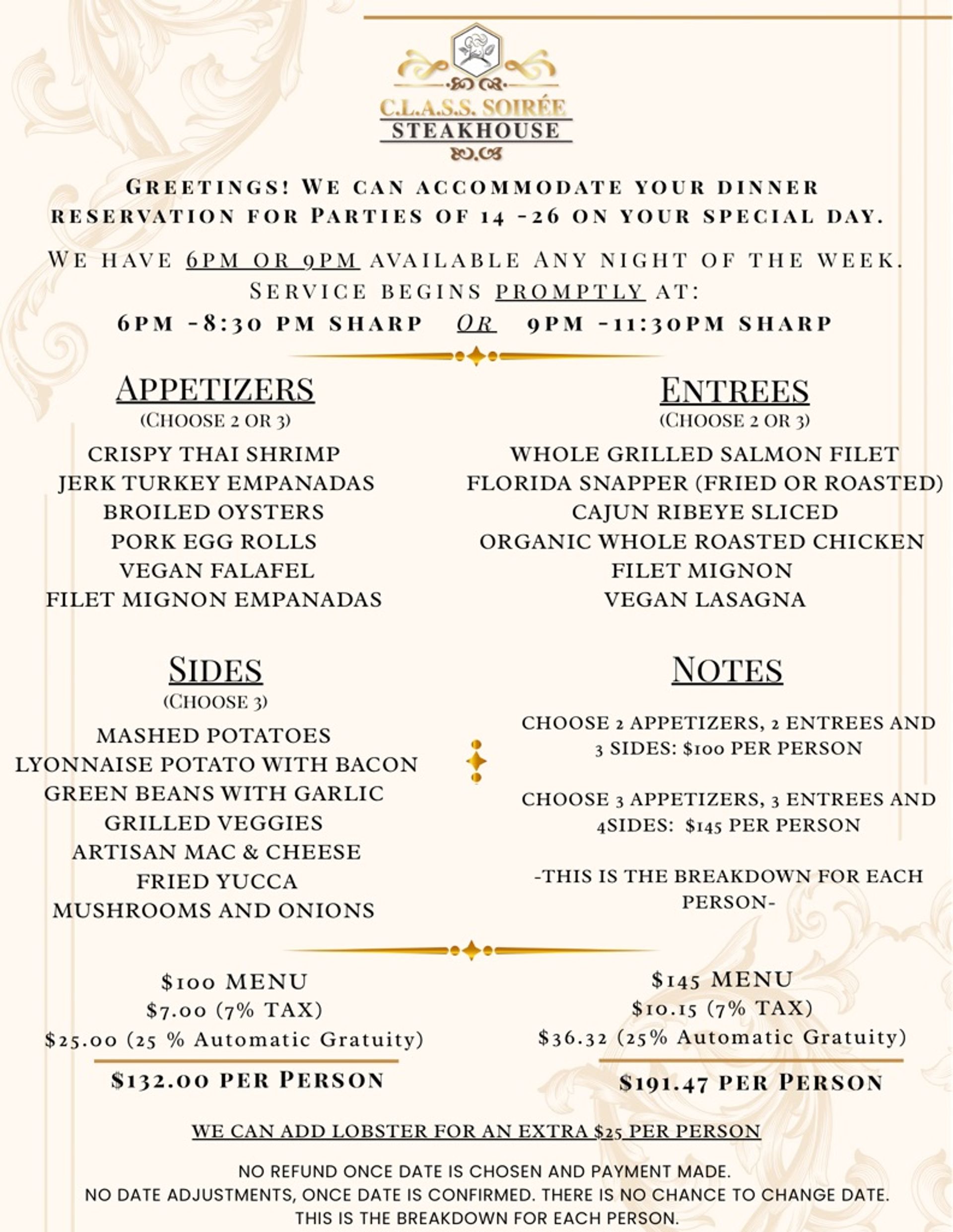 Cream-and-gold steakhouse banquet menu flyer for private parties, showing 6pm or 9pm seatings, appetizer/entrée/side choices (e.g., crispy shrimp, filet mignon, grilled salmon), package prices per person with tax, gratuity and lobster add-on.