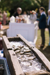 Fresh shucked oysters glistening on crushed ice in a rustic wooden trough at an outdoor seafood bar, with blurred guests in the background