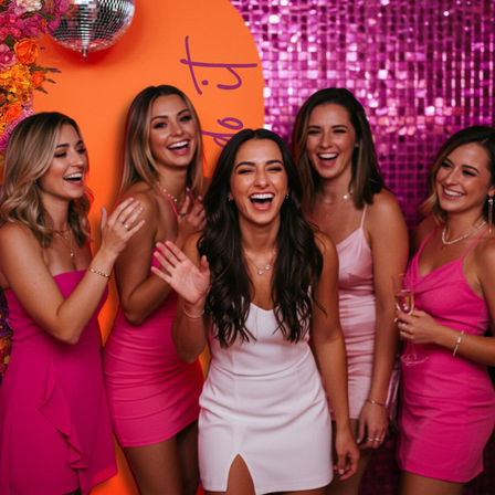 Five women in pink and white party dresses laughing and posing at a vibrant indoor bachelorette-style party with a pink sequin backdrop, disco ball and floral accents