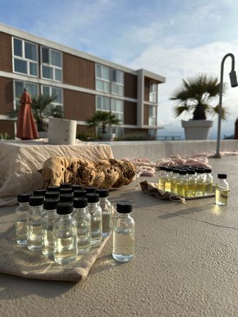 Sunny coastal rooftop scene with rows of small glass vials of clear and pale-yellow liquid, driftwood, potted palms and a modern seaside building