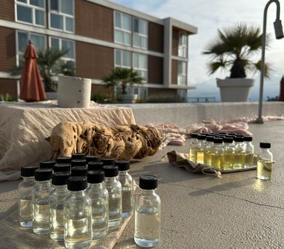 Sunny coastal rooftop scene with rows of small glass vials of clear and pale-yellow liquid, driftwood, potted palms and a modern seaside building