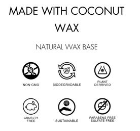 Product label reading "Made with Coconut Wax – Natural Wax Base" above six icons: Non-GMO, Biodegradable, Plant-derived, Cruelty-free, Sustainable, Parabens & Sulfate Free.