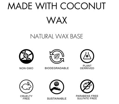 Product label reading "Made with Coconut Wax – Natural Wax Base" above six icons: Non-GMO, Biodegradable, Plant-derived, Cruelty-free, Sustainable, Parabens & Sulfate Free.
