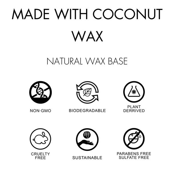 Product label reading "Made with Coconut Wax – Natural Wax Base" above six icons: Non-GMO, Biodegradable, Plant-derived, Cruelty-free, Sustainable, Parabens & Sulfate Free.