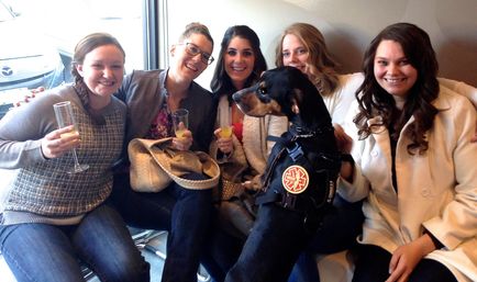 Five smiling women seated together, toasting with mimosa glasses, joined by a black service dog wearing a medical service vest.