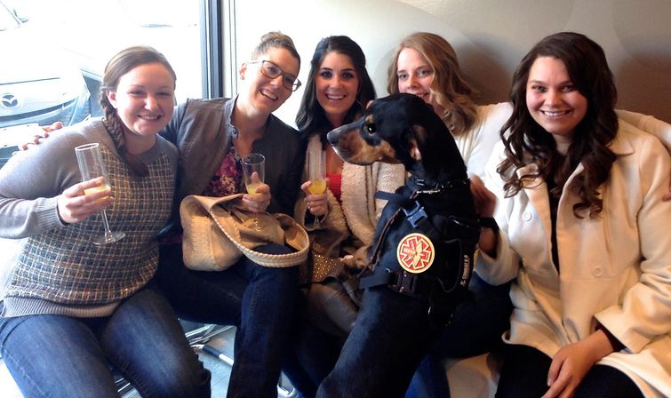 Five smiling women seated together, toasting with mimosa glasses, joined by a black service dog wearing a medical service vest.