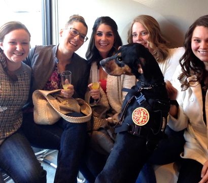 Five smiling women seated together, toasting with mimosa glasses, joined by a black service dog wearing a medical service vest.