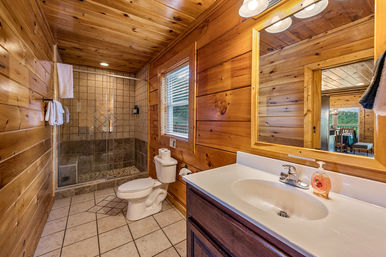 Cozy sunlit rustic cabin bathroom with knotty pine walls, tiled floor, glass-enclosed walk-in shower, white toilet, and vanity with sink and mirror.