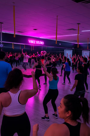 Group dance-fitness class in a neon-lit studio with pink-purple lighting, instructor on a raised platform leading many participants in a mirrored workout room.