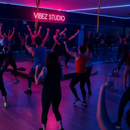 Group dance-fitness class in a neon-lit studio, instructor leading upbeat cardio moves as participants follow in front of a mirrored wall.