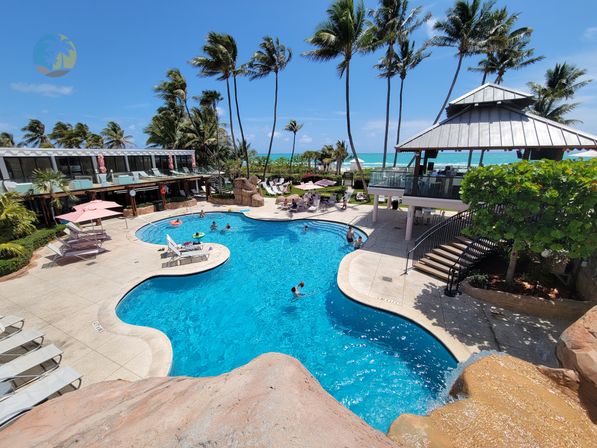 Oceanfront tropical resort pool with a curving turquoise swimming pool, swaying palm trees, pink umbrellas and loungers, elevated bar pavilion, and the turquoise beach and ocean beyond under a bright blue sky.