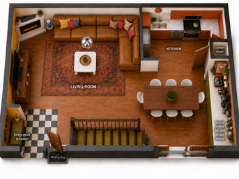 Overhead open-plan floor plan: cozy living room with leather sectional, patterned rug, fireplace and TV, adjoining kitchen, six-seat dining table, luxury coffee/snack bar, entry nook and staircase.