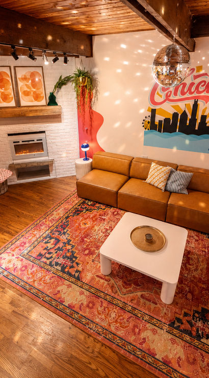 Cozy retro living room with caramel leather sectional, vibrant patterned rug, white coffee table, electric fireplace, mid-century TV console and hanging disco ball beneath a colorful Chicago skyline mural.
