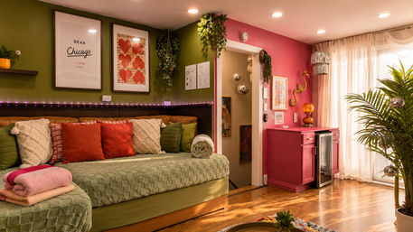 Sunlit boho-chic living room with green accent wall and pink cabinet, a cozy daybed layered with textured green and red pillows and folded blankets, hanging plants, framed art, disco-ball ornaments and sheer curtains.