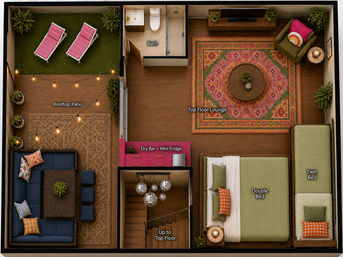 Top-down view of a top-floor apartment layout with rooftop patio — string-lit wood deck and grassy area with two pink loungers, cozy outdoor sofa, indoor lounge with colorful rug and TV, double and twin beds, dry bar with mini fridge, and a small bath.