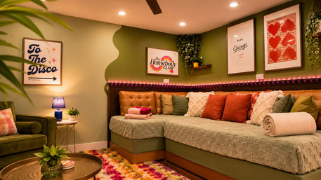 Cozy boho living room nook with olive-green walls, tufted leather-backed daybed layered with textured throws and rust-green pillows, pink LED strip lights, framed retro art, hanging plants, blue table lamp and colorful shag rug.