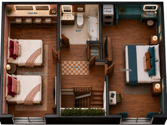 Top-down 2-bedroom apartment floor plan with hardwood floors: primary bedroom with two beds and glam bar, second bedroom with vanity, central bath, stacked washer/dryer, owner closet and stairway.