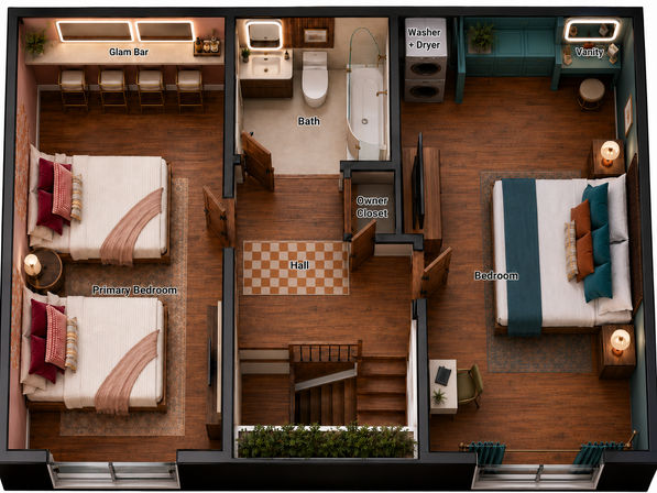 Top-down 2-bedroom apartment floor plan with hardwood floors: primary bedroom with two beds and glam bar, second bedroom with vanity, central bath, stacked washer/dryer, owner closet and stairway.
