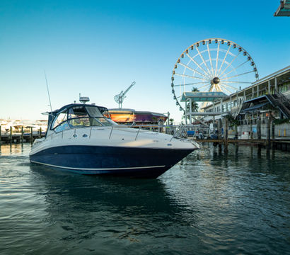 Blue-and-white motor yacht in a calm waterfront marina with a large Ferris wheel, piers and seaside buildings under a clear sky.