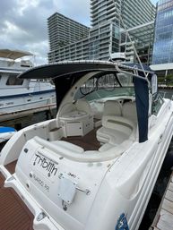White luxury cabin cruiser docked at a marina with cushioned cockpit seating, navy canvas bimini, teak deck, and waterfront high‑rise buildings in the background.