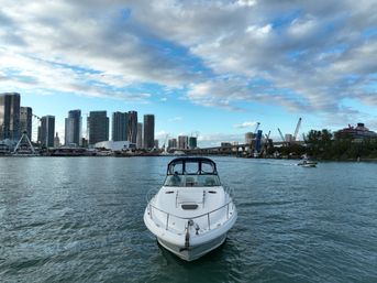 White motorboat approaching on the Miami waterfront with downtown skyline, Ferris wheel, bridge and a cruise ship under a partly cloudy blue sky