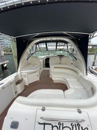 Cozy motor yacht cockpit with curved cream vinyl lounge seating and teak-style deck beneath a navy bimini top, small wet bar and helm visible, docked at a marina with waterfront buildings